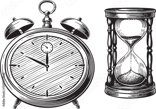 vintage alarm clock and an hourglass sit side-by-side.