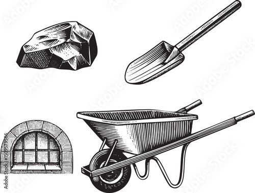 weathered wheelbarrow carries a large gemstone towards an open brick kiln.