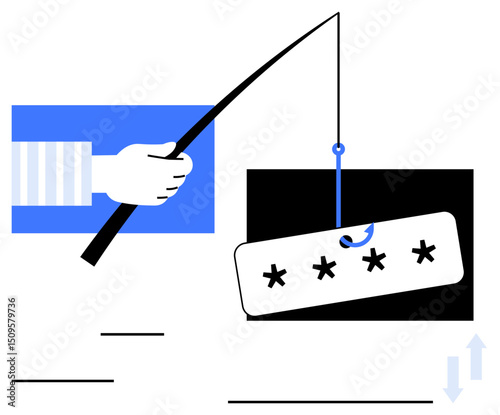 Hand with rod hooks password as bait, symbolizing phishing risks, data theft, and online security awareness. Ideal for cybercrime education, risk management, digital security, hacking, password