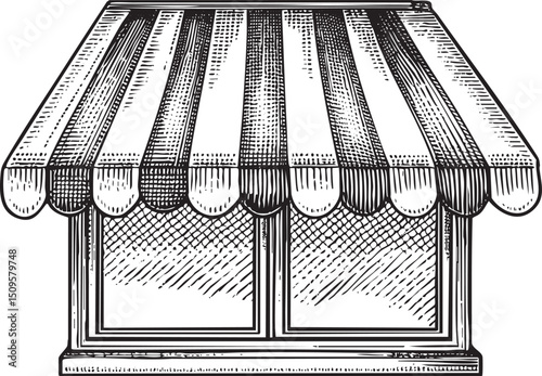 black and white depicts a storefront with a striped awning and windows.