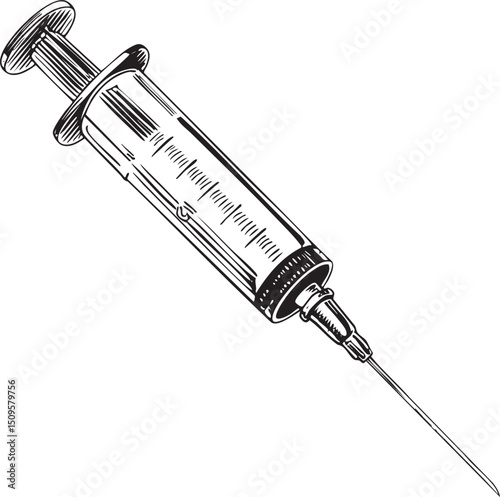 black and white syringe with a is depicted in detail.