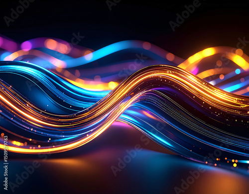 Illuminated Waveforms: Abstract digital art featuring radiant, flowing lines of light creating a vibrant, energetic composition with gradients and a sleek, modern aesthetic.