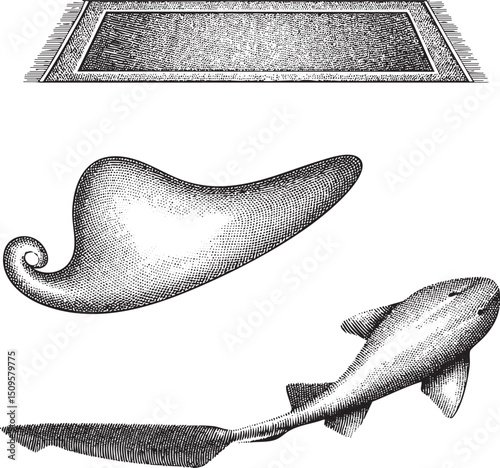 woven rug sits beneath a stylized pepper and a shark.