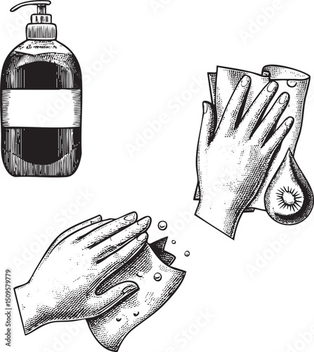 grayscale depicts hands washing with soap and a cloth.