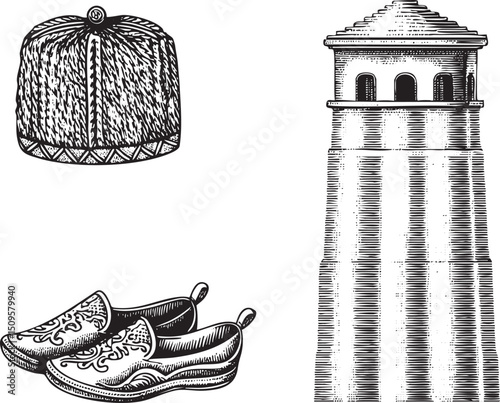 black and white showcases a tall tower traditional footwear and a decorative hat.