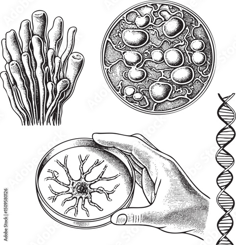 hand delicately examines a detailed of fungal spores and a DNA strand.