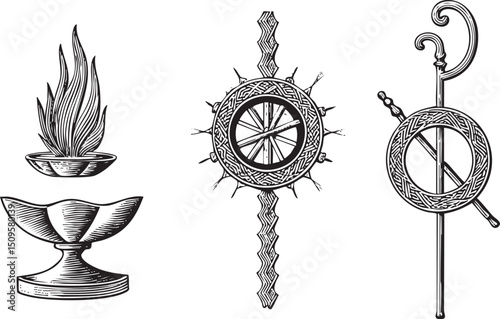 Three antique symbols stand in a linear arrangement illuminated by soft light.