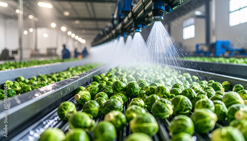 Brussel Sprouts Processing: A detailed view showcasing the efficient cleaning and processing of vibrant, fresh Brussel sprouts.