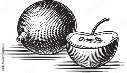 Two round fruits rest on a white surface one partially peeled.