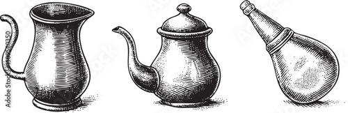 Three antique silver vessels rest on a white surface.