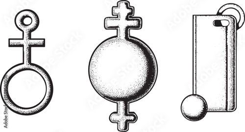 Three stylized symbols representing gender and balance are displayed in a linear arrangement.