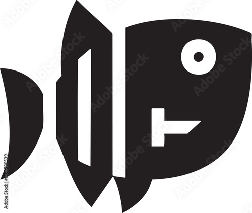 stylized black fish silhouette floats against a white background.