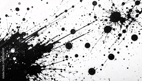 Ink Splatter: A mesmerizing abstract composition, capturing the dynamic energy of black ink splattering across a surface. The image portrays a dance of chaos.