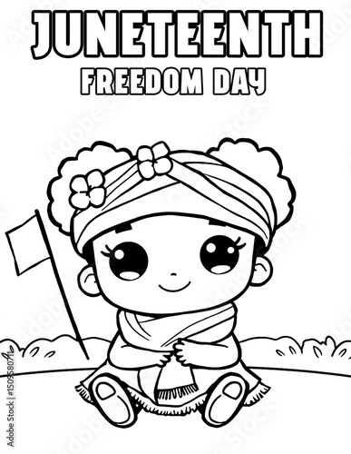 Cute Cartoon Character with Headwrap and Flag Celebrating Juneteenth Freedom Day Coloring Page