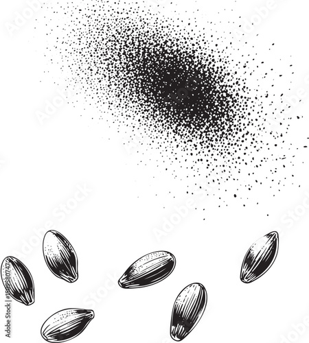 Several dark seeds scatter amidst a cloud of black speckles.