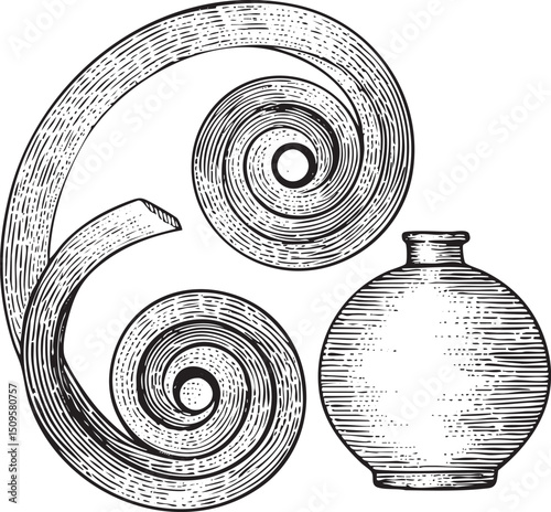coiled ornamental metal sculpture rests beside a rounded ceramic vase.