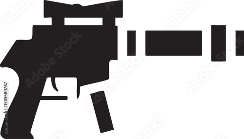 black silhouette of a handgun points upward.