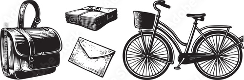 vintage bicycle rests beside a leather satchel a stack of documents and an envelope.