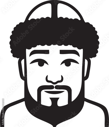 man with a thick dark beard and elaborate headwear gazes directly at the viewer.
