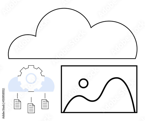 Cloud with gear, files flowing into cloud, photo frame with landscape. Ideal for cloud storage, data management, document sharing, automation, file organization, photo storage flat simple metaphor
