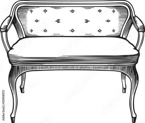 detailed black and white depicts a plush bench with intricate ornamentation.