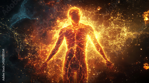 Radiant Human Figure with Illuminated Nervous System Against Cosmic Background
