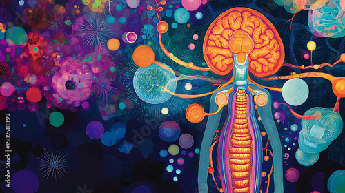 Illustration of the Human Nervous System with Vibrant, Abstract Background