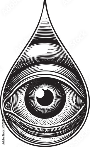 detailed black and white of an eye within a water droplet.