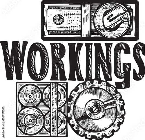 monochrome combines a dollar bill a coin and mechanical gears emphasizing productivity.