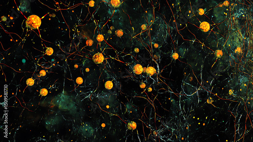 Neuronal Network Visualization: Interconnected Cells with Glowing Nodes