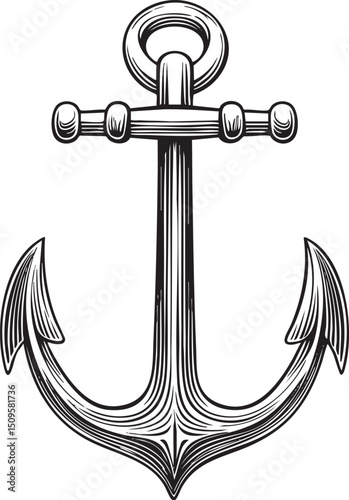 detailed black and white depicts a robust anchor with intricate elements.