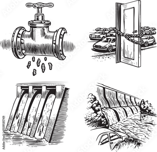 large metal valve controls water flow releasing a cascade of droplets.
