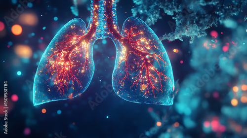 Illuminated Lungs with Glowing Airways Against a Bokeh Background