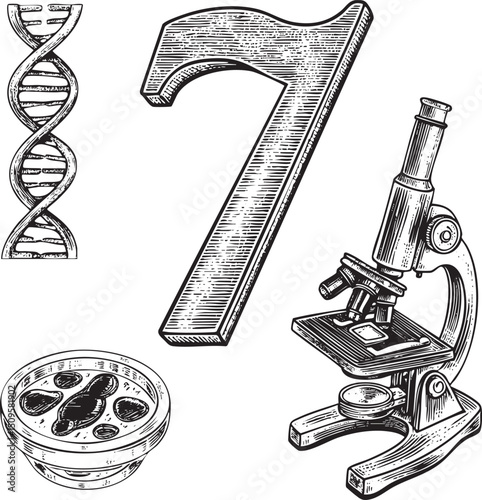 vintage microscope examines a DNA strand alongside a petri dish.