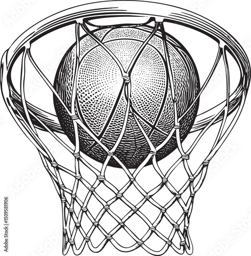 black basketball hangs suspended within a woven wire hoop.