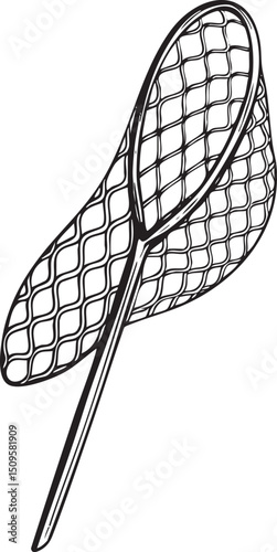simple fishing net rests vertically against a white background.