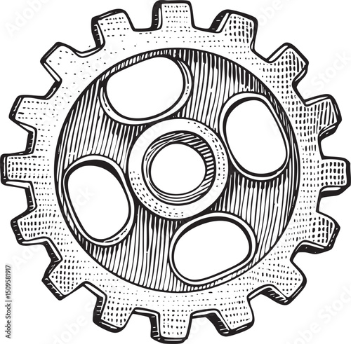 detailed black and white of a complex gear.