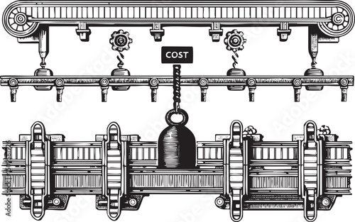 detailed depicts a complex mechanical system representing the accumulation of cost.