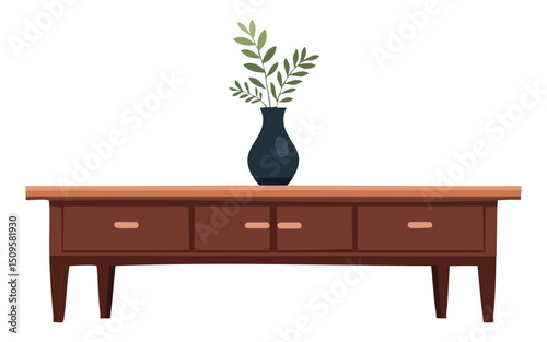 Brown Console Table with Plant Vase
