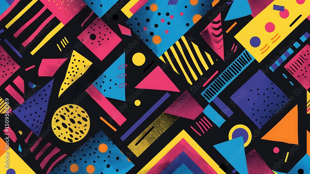 Obraz premium A vibrant abstract geometric pattern with colorful shapes on a dark background