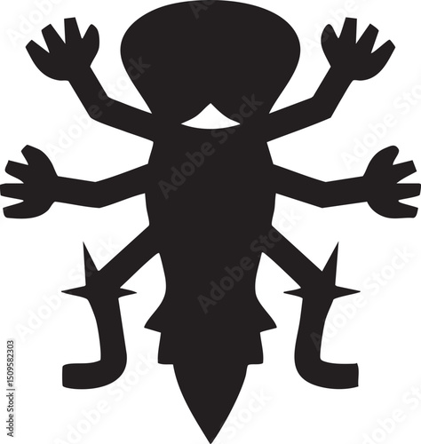 stylized black silhouette of a human figure with extended limbs and a pointed tail.