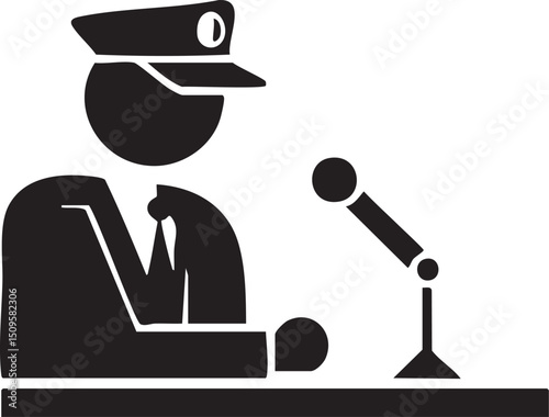 uniformed figure speaks into a microphone at a desk.