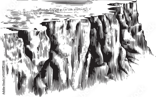 dramatic towering rock formation rises sharply against a cloudy sky.