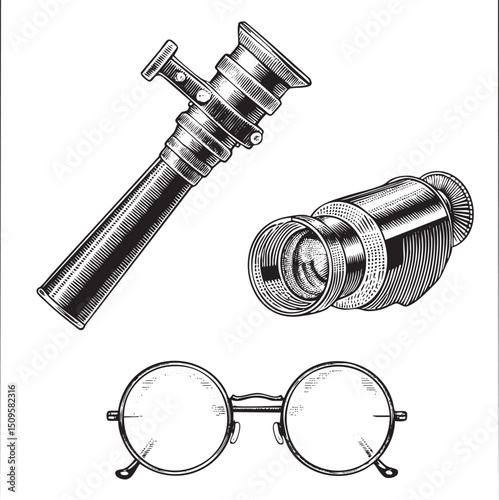 vintage brass telescope rests beside a circular monocle on a white surface.