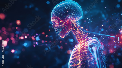 Neon Skeleton Highlighting the Spinal Column and Skull