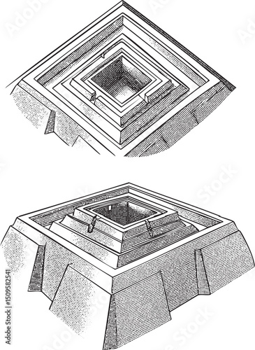 detailed architectural depicts a stepped structure on a raised platform.