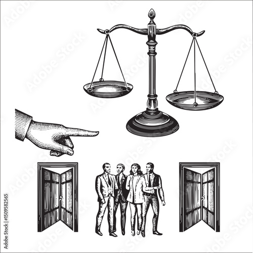 hand points to a scale of justice with men standing before open doors.