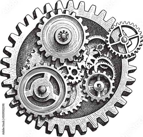 Intricate gears rotate within a circular mechanism.