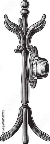 black and white coat rack displays a hat on its central branch.