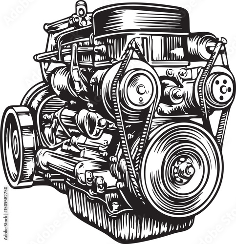 detailed black and white showcases a vintage engine.